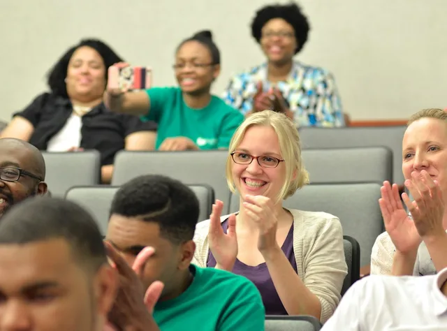 Germanna Community College tutors Shannon Sullivan (center) and Jessica Perez (right) applaud comments made by Great Expectations' program students at the "Milestone Ceremony, Recognizing and Celebrating Student Successes” held at the college’s Fredericksburg Area Campus. (The Great Expectations pro. Tutoring center operations: using NAEP and report cards