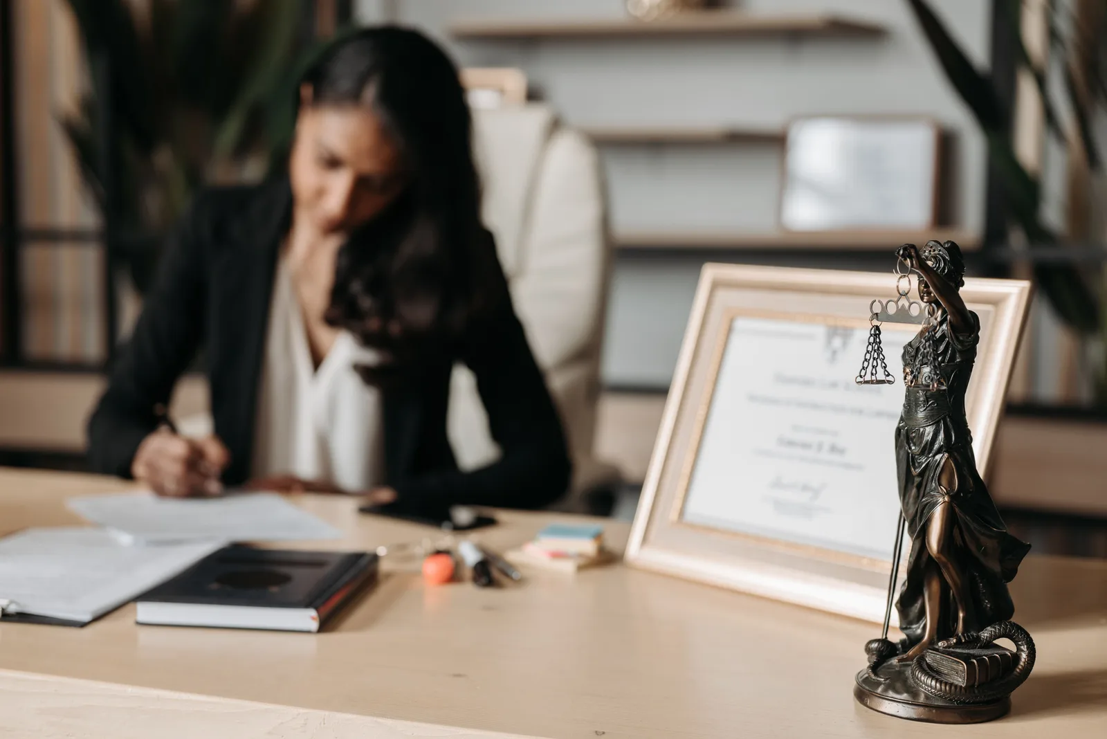 Focused woman writing at desk with Lady Justice figurine and certificate in office. Which permits a tutoring center needs before opening, explained